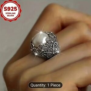 925 Silver Fashionable Ring, Retro Floral Simple Ethnic Style Silver Pearl Ring